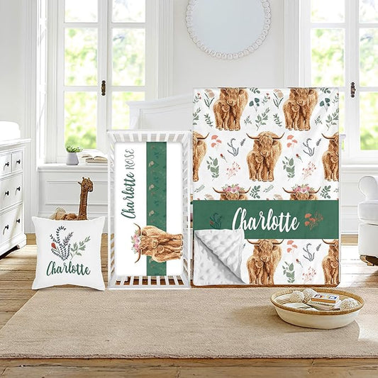 Custom Crib Bedding Set - Highland Cow Design Personalized Name Baby Nursery Bed 3 Pcs Set - Chic Soft Blanket with Dotted Backing, Sheet, Pillowcase for Newborn Girls Boys Gifts Color04-CubbioJoy