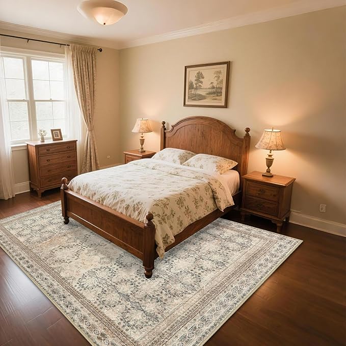 5x7 Washable Area Rug for Living Room Rustic, Non Slip Vintage Floral Bedroom Rugs Retro, Traditional Indoor Floor Carpet for Dining Room, Kitchen, Farmhouse, Office Beige/Pink/Orange-CubbioJoy