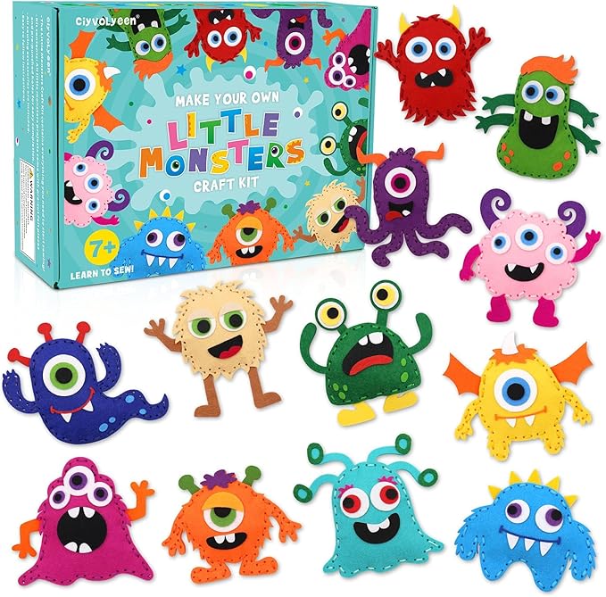 CiyvoLyeen Little Monsters Craft Kit Adopt A Monster Felt Plush DIY Sewing Art Educational Toys Monster Craft Gift Learn How to Sew for Beginners Set of 12 Sewing Kits-CubbioJoy