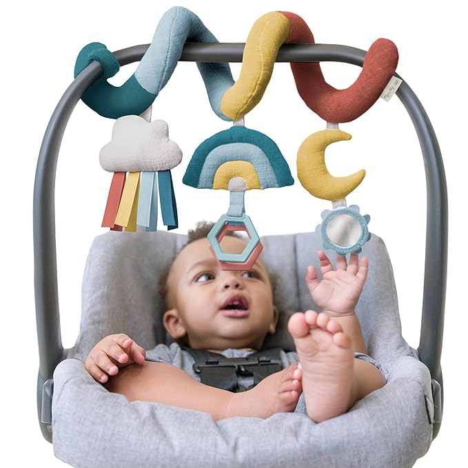 Itzy Ritzy Spiral Car Seat & Stroller Activity Toy - Stroller & Car Seat Toys for Ages 0 Months and Up - Hanging Toys Include Clinking Rings, Mirror and Textured Ribbons (Rainbow)-CubbioJoy