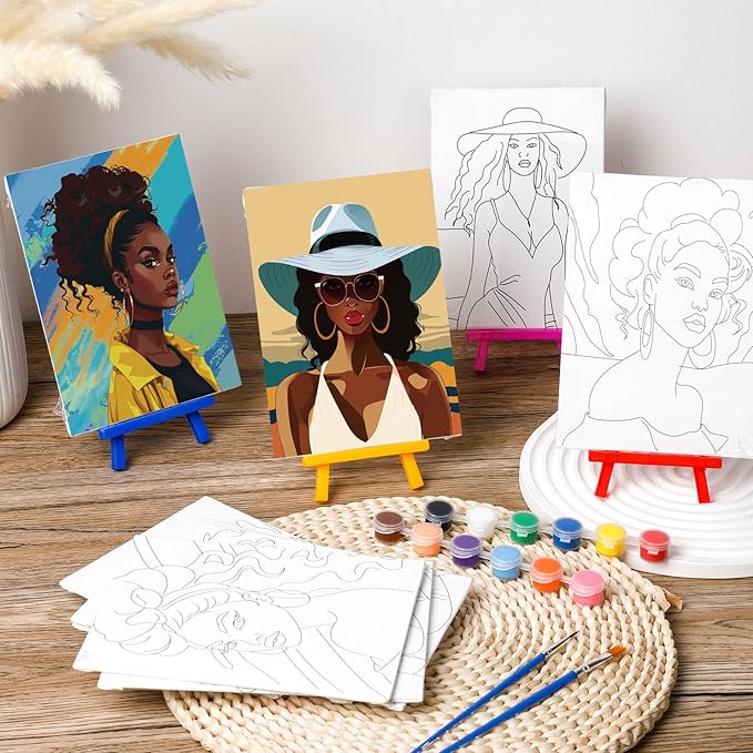 Blosssound 10 Set Pre Printed Canvas Pre Drawn Canvas Painting with Easel Kits 5" x 7" Outline Painting Panels for Beginners, DIY Craft Project, Party Favor, Home Decors(Black Women)-CubbioJoy