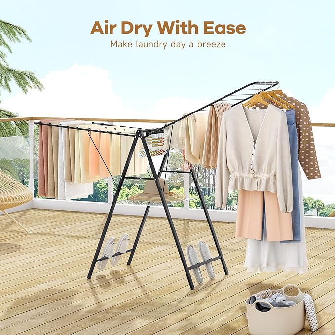 APEXCHASER Clothes Drying Rack Foldable, Metal Laundry Drying Rack with Height Adjustable Rails, Ultra Thin Drying Rack Clothing Towel Sweater Shoe for Indoor Outdoor, Gullwing Clothes Airer, Black-CubbioJoy