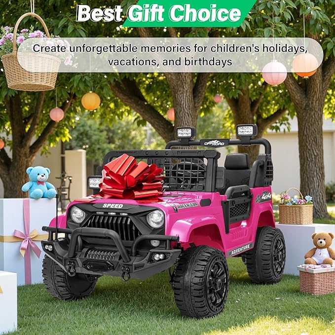 2 Seater Ride On Car Truck with Remote Control XL, Kids 24V Battery Powered Electric Vihicle w/21 in Seat, 3 Speeds, 2WD/4WD Switichable, Shock Absorbers,Bluetooth, Flower, Gift Choice-CubbioJoy