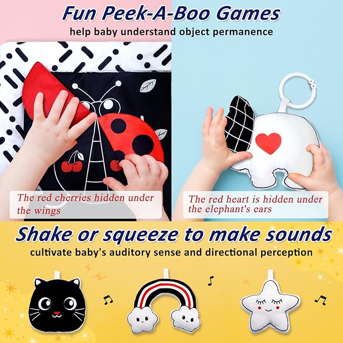 Black and White Baby Gym Play Mat with 6 Toys Tummy Time Activity Mat for Babies 0-6 6-12 Months High Contrast Baby Gyms & Playmats Sensory Toys Newborn Brain Development Infant Play Mat-CubbioJoy