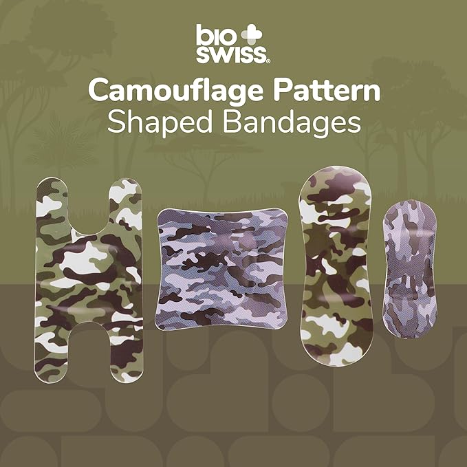 BioSwiss Bandages, Assorted Size Camoflauge Print Self Adhesive Bandage, Latex Free Sterile Wound Care, First Aid Kit Supplies for Kids and Adults, 60 Count-CubbioJoy