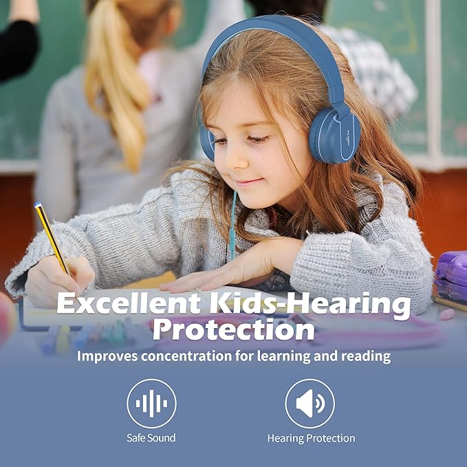 AILIHEN Kids Headphones, I35 On-Ear Headphones for School, Safe Volume 93dB, HD Mic Stereo Headphone for Kid Girls Boys, Foldable 3.5mm Wired for Chromebook, Laptop, Computer, Tablet (Blue)-CubbioJoy