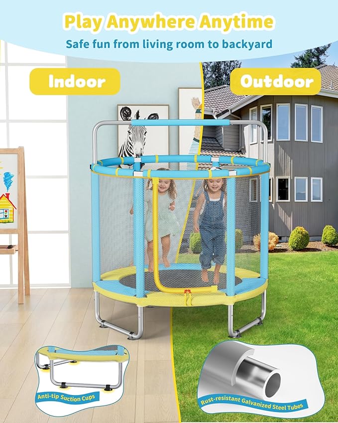 55” Trampoline for Kids, Powder-Coated Mini Trampoline for Toddlers, Indoor Outdoor Toys with Adjustable Gymnastics Bar, Swing, Basketball Hoop, Birthday Gifts for Boys & Girls Ages 1-8-CubbioJoy