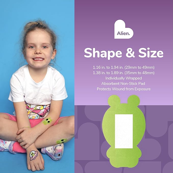 BioSwiss Bandages, Halloween Alien Shaped Self Adhesive Bandage, Latex Free Sterile Wound Care, Fun First Aid Kit Supplies for Kids, 50 Count-CubbioJoy