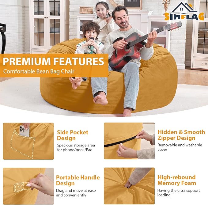 4FT Bean Bag Chair, Large Bean Bag Chairs with Memory Foam Filled, Fluffy Beanbag Sofa with Dutch Velvet Cover, Round BeanBag Chairs for Living Room, Playroom - Mustard-CubbioJoy