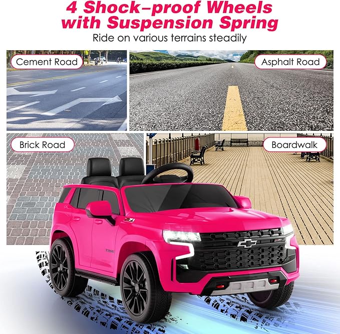 Costzon Ride on Car, 12V Licensed Chevrolet Tahoe Battery Powered Electric Vehicle w/ 2.4G Remote Control, High/Low Speed, Music, Lights, MP3/USB/FM, Spring Suspension, Electric SUV for Kids (Pink)-CubbioJoy