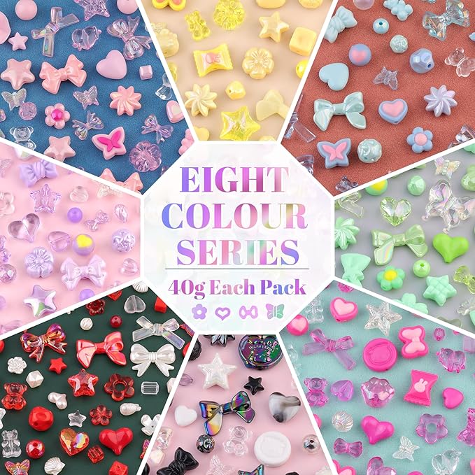 Assorted 400PCS 8 Colors Mixed Acrylic Beads for Bracelet Making, Flower Bow Butterfly GummyBear Aesthetic Bracelet Charms,Cute Beads for Jewelry Making DIY Necklace Keychain Phone Charm-CubbioJoy