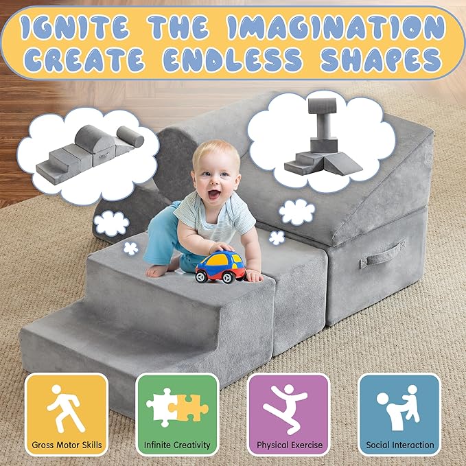 jela Foam Blocks 6Pcs Soft Play Equipment Soft Velvet, Toddler Climbing Toys Indoor Soft Play Climbing for Toddlers, Lightweight Climbing Blocks for Babies, Kids, Climb and Crawl Foam Playset-CubbioJoy