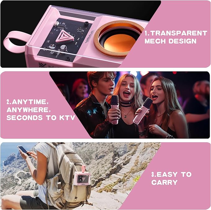 Karaoke Machine for Kids & Adults, Portable Bluetooth Mini Karaoke Speaker with 2 Wireless Microphone and Lights, Birthday Gifts for Girls & Boys, Toys for Girls, Family Home Party (Pink)-CubbioJoy