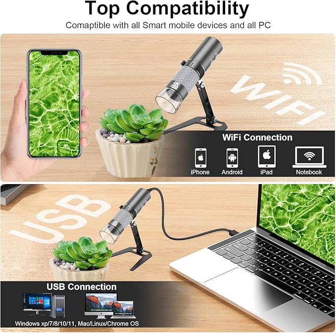 4K 3840x2160p WiFi Digital Microscope for iPhone Android Phone and Windows Mac PC, Wireless Handheld Microscope Camera, Portable Microscope with Metal Stand for Adults and Kids-CubbioJoy