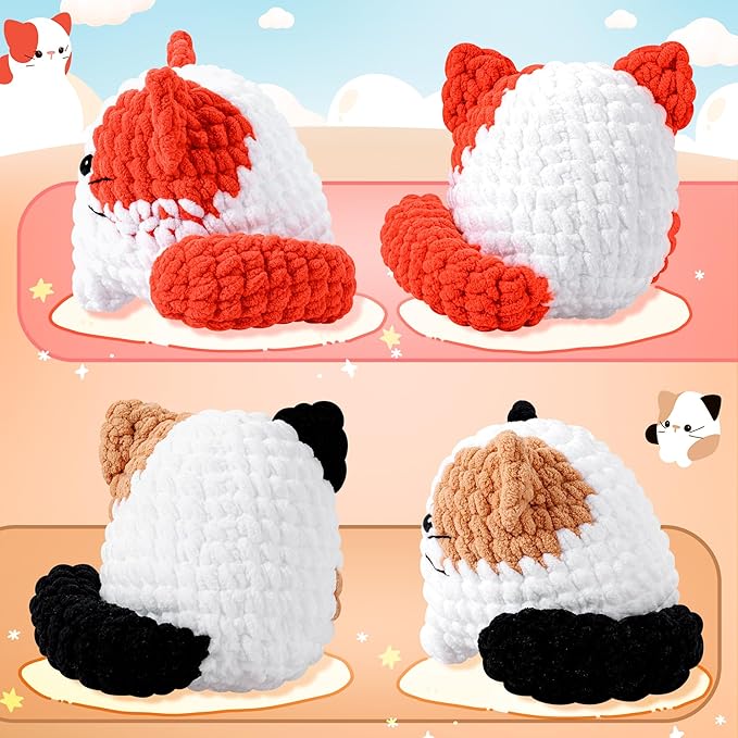 Cat Crochet Kit for Beginners-2PCS Calico Cats Crochet Kits for Adults Kids, Crochet Starter Kit with Step-by-Step Video Tutorials,Crochet Animal Kits Knitting Kit Learn to Crochet Kits-CubbioJoy