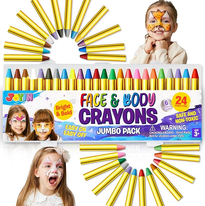 JOYIN 24 Colors Face Paint Safe & Non-Toxic Face and Body Crayons (Large Size 3 inch) Ultimate Party Pack Including 6 Metallic Colors for Birthday Toy Makeup Party Suppiles, Gifts for Kids Girls Boys-CubbioJoy