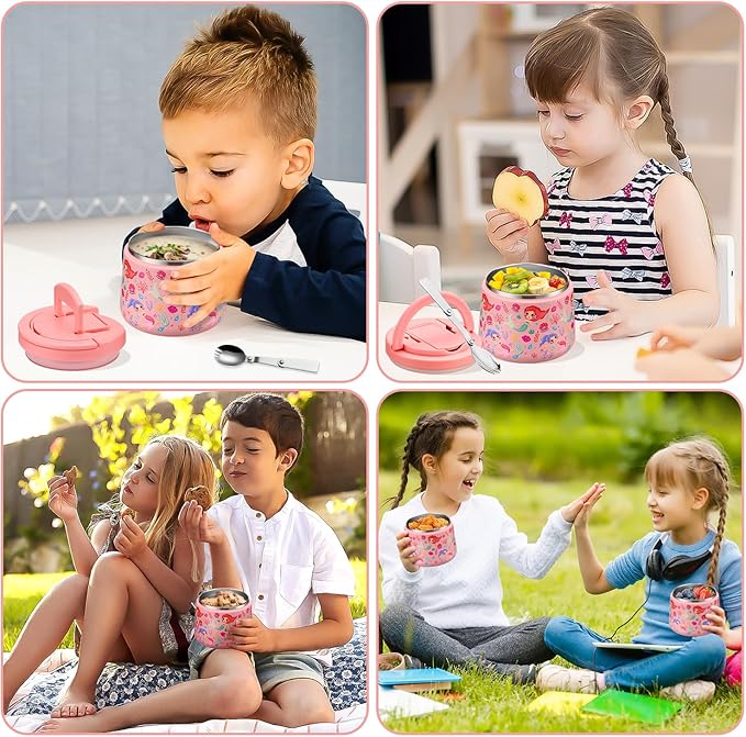 14oz Insulated Vacuum Food Jar with Buckle Lid,Soup Thermo for Hot Food Kids,Wide Mouth Leakproof Stainless Steel Lunch Container with Spoon-Mermaid-CubbioJoy