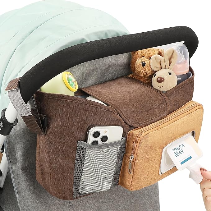 Accmor Universal Stroller Organizer with Insulated Cup Holder, Stroller Caddy Bag Accessories, Stroller Cup Holder Organizer for Uppababy Baby Jogger Britax Stroller, Brown-CubbioJoy