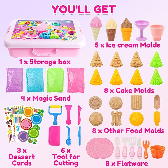 Cake & Ice Cream Sensory Bin Sand Toy, Sand Kit Sensory Toys w/lid and 4 Color Magic Sand 2.2lbs, Molds, Tools Set 43pcs Total for Toddlers, Fun Gift for Kids 3+-CubbioJoy