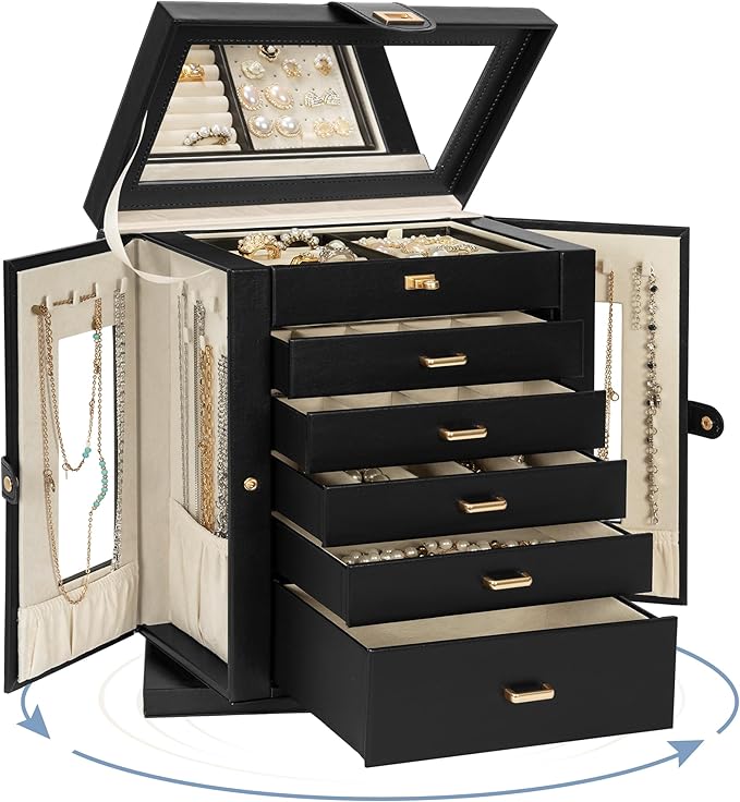 AKOZLIN Jewelry Box 6-Tier Organizer Functional 360° Rotating Jewelry Storage Case for Women Girls Ring Necklace Earring Bracelet Holder with Mirror-CubbioJoy