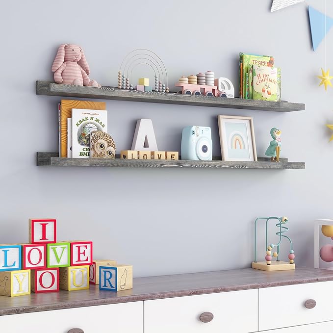 48 Inch Long Floating Shelves for Wall, Solid Pine Wood Picture Ledge Shelves with Lips, Nursery Book Shelves for Toys Storage Living Room Bedroom Photo Frames (2 Pcs, Grey)-CubbioJoy