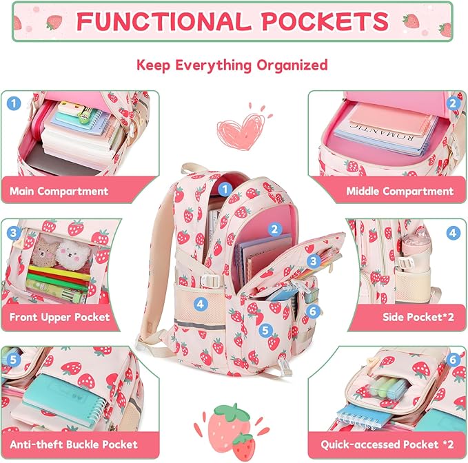 Backpack for Girls 3pcs Set Kids Backpack with Lunch Box Students Kawaii Book Bag for Elementary Primary Middle School Bags - Ita Backpack - Strawberry-CubbioJoy