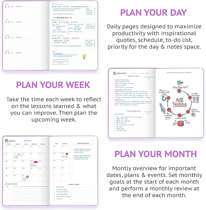 Undated Daily Planner – 1-Year B5 Productivity Organizer with Two-Page Weekly Spread, Goal Setting, Habit Tracker, Weekly & Monthly Pages – Hardcover Time Management Notebook (Lilac)-CubbioJoy