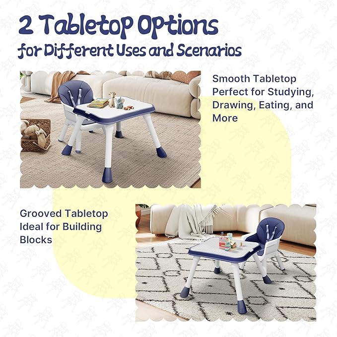 4 in 1 Baby High Chair, Toddler Chair with Removable Tray, Convertible High Chairs for Babies and Toddlers, Kids Learning Table, Building Block Table, Dining Booster Seat with Safety Harness, Blue-CubbioJoy
