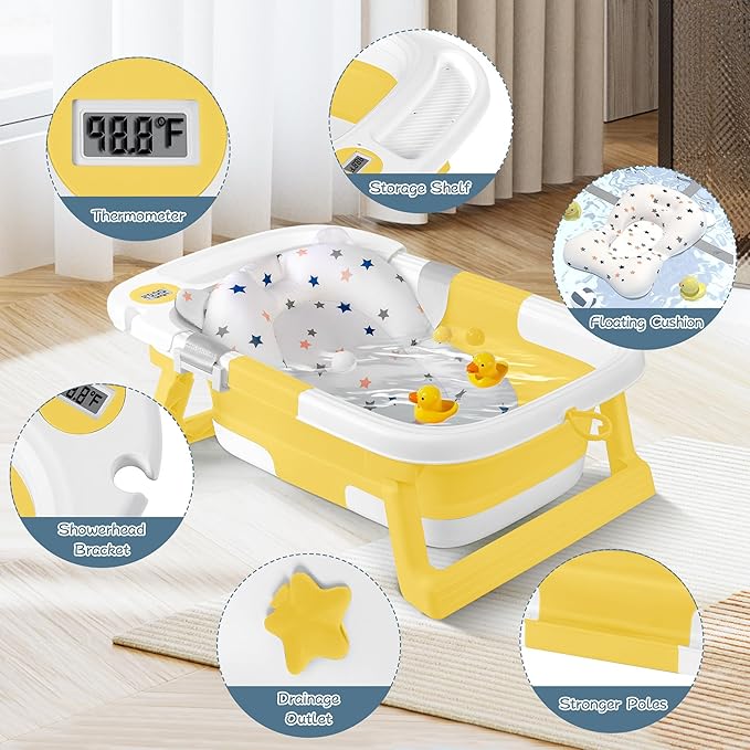 Collapsible Baby Bathtub,Baby Bath Tub with Thermometer & Soft Cushion,Baby Bathtub for Newborn to Toddler 0-36 Months,Portable Travel Baby Tub with No-Slip Feet,Baby Shower Gifts,Yellow-CubbioJoy
