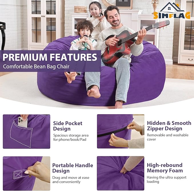 4FT Bean Bag Chair, Large Bean Bag Chairs with Memory Foam Filled, Fluffy Beanbag Sofa with Dutch Velvet Cover, Round BeanBag Chairs for Living Room, Playroom - Purple-CubbioJoy