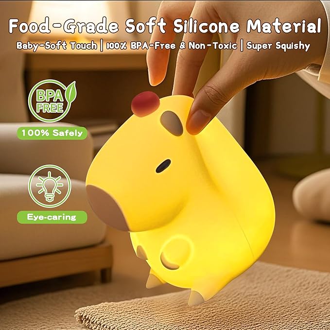Capybara Night Light,Cute Tangerine LED Squishy Novelty Animal Night Lamp,Dimmable Soft Silicone Nursery Nightlight for Kids, Rechargeable Bedroom Touch Lamp, Dorm Decor, Baby Boys Girls Gift-CubbioJoy