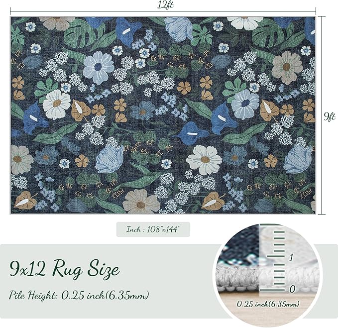 9x12 Area Rug for Living Room: Vintage Floral Washable Rug Soft Boho Non Slip Carpet Large Indoor Floor Non Shedding Low Pile Thin Carpets for Bedroom Dining Room Farmhouse Nursery Home Office Blue-CubbioJoy