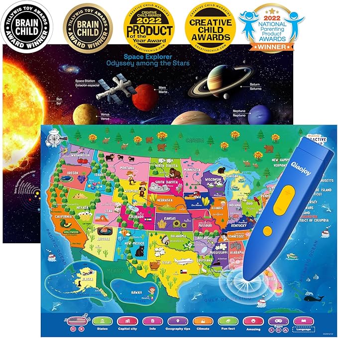 Bilingual Interactive for Kids Talking USA Map Solar System Poster for Kids Learning and Educational Toys,Talking Educational Toy for Ages 3 to 12 Years Old Girls/Boys,Learning Chart for Preschool-CubbioJoy