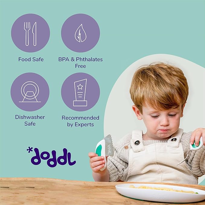doddl Toddler Utensils, Ergonomic Fork Spoon and Knife Set for Self Feeding, Stainless Steel Silverware for 1-3 Year Olds, BPA Free, Dishwasher Safe (Aqua)-CubbioJoy