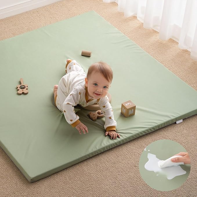 Blissful Diary Vegan Leather Baby Play Mat, 47x47 Thicken Foam Cushioned & Waterproof Playpen Mat for Infants and Toddlers, Stylish and Just Wipe-Clean Playmat for Baby Play on Floor, Light Green-CubbioJoy
