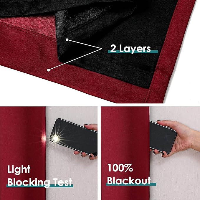ChrisDowa 100% Blackout Curtains for Bedroom with Black Liner, 2 Thick Layers Total Blackout Thermal Insulated Grommet Window Curtains 2 Panels Set (Burgundy, 52 x 72 Inch)-CubbioJoy