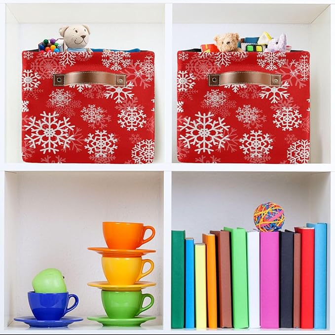 Christmas White Snowflakes on Red Storage Basket Cube Storage Bins Organizer Bag Collapsible Closet Shelf Baskets with handle for Baby Cloth Pet Toy Book 14.2×10.2×8.3 IN-CubbioJoy