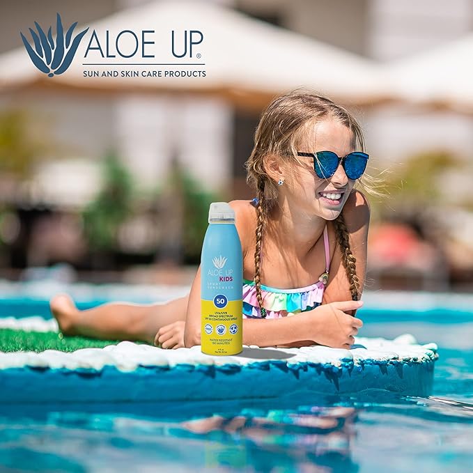 Aloe Up Kids Continuous Sport Sunscreen Spray SPF 50 - Broad Spectrum Sheer Face and Body Sunscreen Protector for Sensitive Skin - With Aloe Vera Gel - Dries Fast - Reef Safe - Fragrance-Free - 5.5 Oz-CubbioJoy