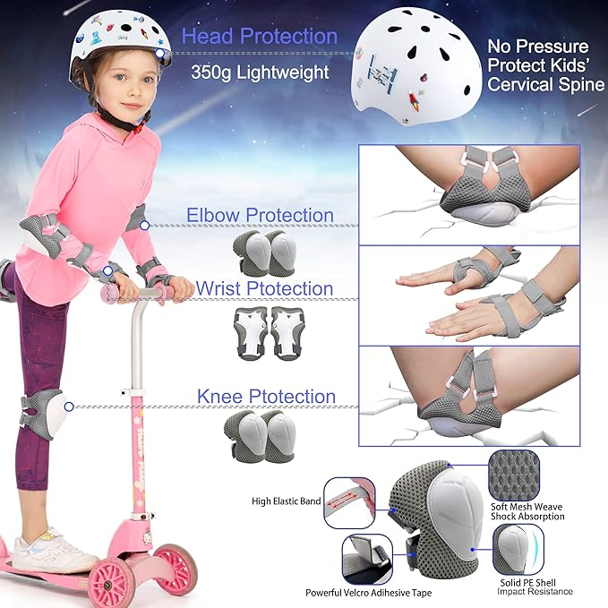 Kids Bike Helmet with DIY Stickers and Knee Pads Elbow Pads Wrist Guard Set for Ages 3-8-14 Toddler Boys Girls Helmet for Roller Skates Cycling Skateboarding Bicycle Scooter-CubbioJoy