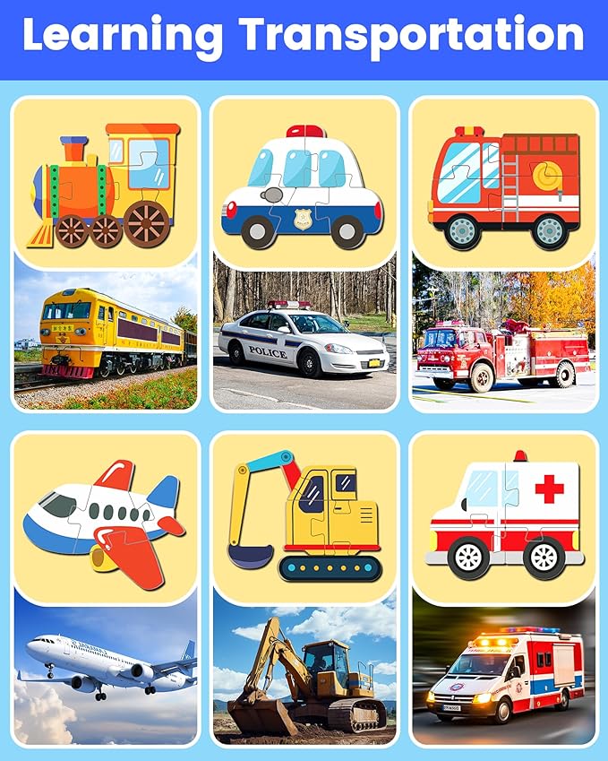 Benresive Wooden Toddler Puzzles, Montessori Toys for 1 2 3 Year Old Boys, Toys for 1 2 3 Year Old Boy Birthday Gifts, 6 Pack Vehicle Toddler Learning Educational Puzzles-CubbioJoy