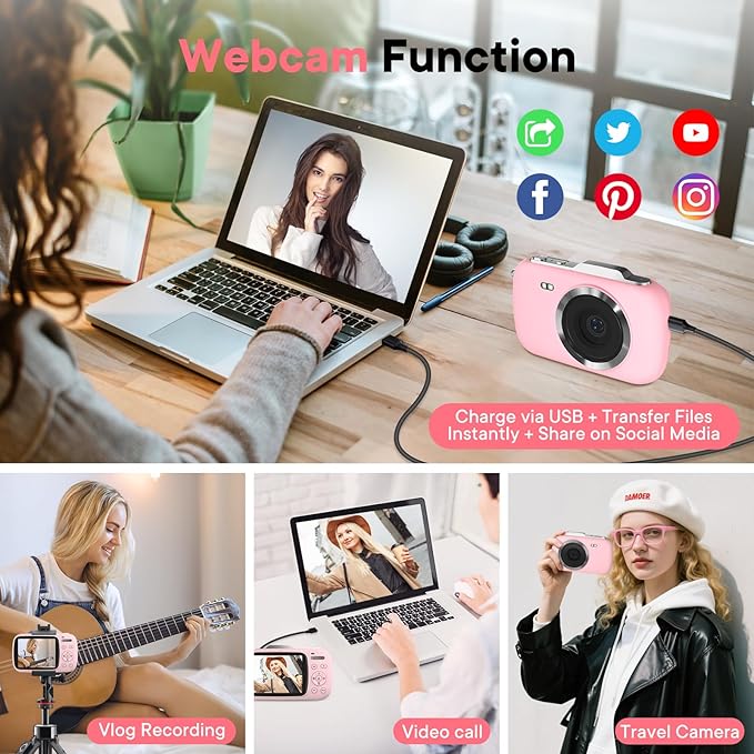 Digital Camera 4K 64MP - Vlogging Camera for Kids & Beginners | 18X Zoom Point and Shoot Camera Anti Shake, Compact with Flash, Gift for Boys Girls(Pink+Silver)-CubbioJoy