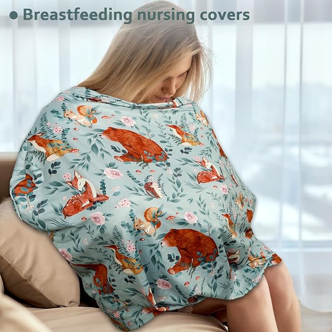 Baby Car Seat Cover, Multi-use Nursing Cover for Breastfeeding, Stretchy Stroller Cover Boys Girls, Stretchy Carseat Canopy, Soft Breathable, Woodland Animal Bear-CubbioJoy