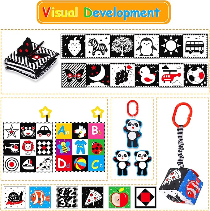 4 PCS Black and White High Contrast Baby Toys 0-3-6 Months Newborn Essential Montessori Toy for Babies Crinkle Sensory Book Brain Development Tummy Time Mirror Infant Carseat Rattle Easter Shower Gift-CubbioJoy