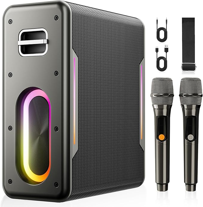 Karaoke Machine with Two Wireless Microphones, Powerful Portable Bluetooth Speaker for Adults & Kids, PA System with 2 Voice Mode, LED Lights, Supports BT/TWS/AUX/USB/TF for Party (Black+Sliver)-CubbioJoy