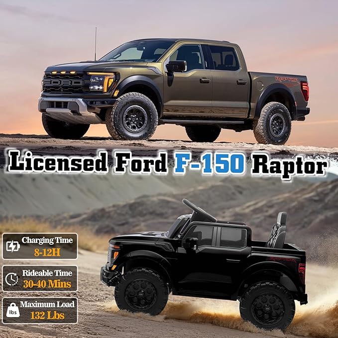 12V Ride on Car Licensed Ford F-150 Raptor, Kids Electric Car with Remote Control, LED Light/Music/MP3, Truck Bed Storage, 3-Point Seat Belt (12V, Black)-CubbioJoy