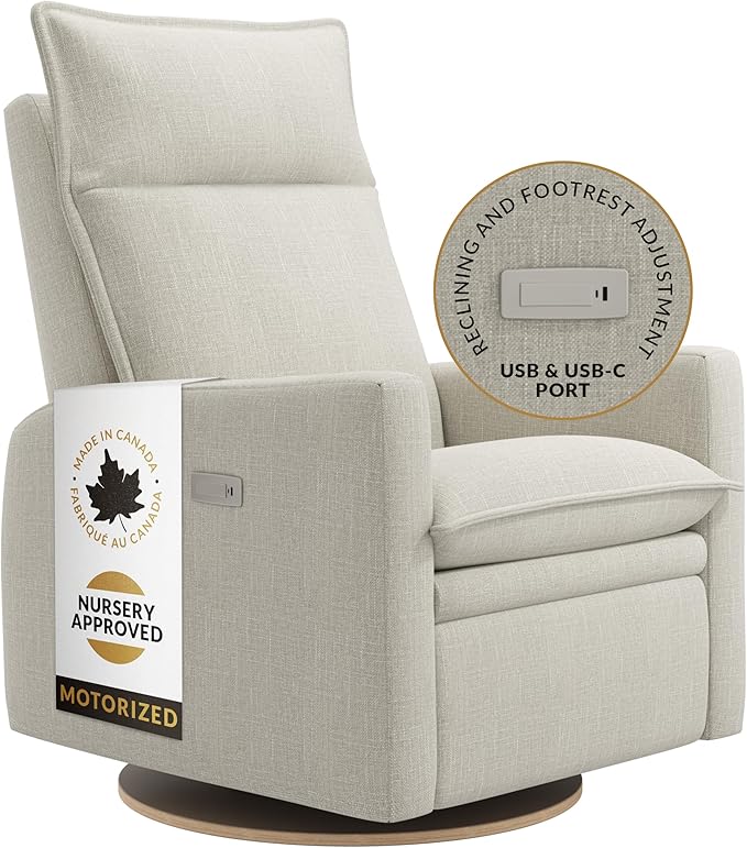 Arya Modern Nursery Chair Glider Recliner with 180° Swivel - Cozy Motorized Reclining Nursing Chair with USB Ports, Gentle Motion, Ergonomic Design, Canadian-Made (Ivory/Nubia Fabric)-CubbioJoy