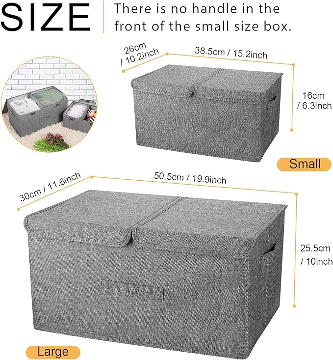 2 Pack Storage Boxes with Lids and Handles, Collapsible Linen Storage Bins Organizer Containers Baskets Cube with Removable Divider for Home Bedroom Closet Office (Cream, Large)-CubbioJoy