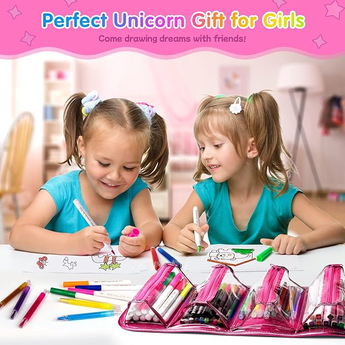 beefunni Unicorn Washable Markers Set 48 pcs with Glitte Pencil Case, Art Supplies for Kids Ages 4-6-8, Arts Crafts Coloring Set with Stickers - Birthday Gifts for Girls 4 5 6 7 8 9 Year Old-CubbioJoy