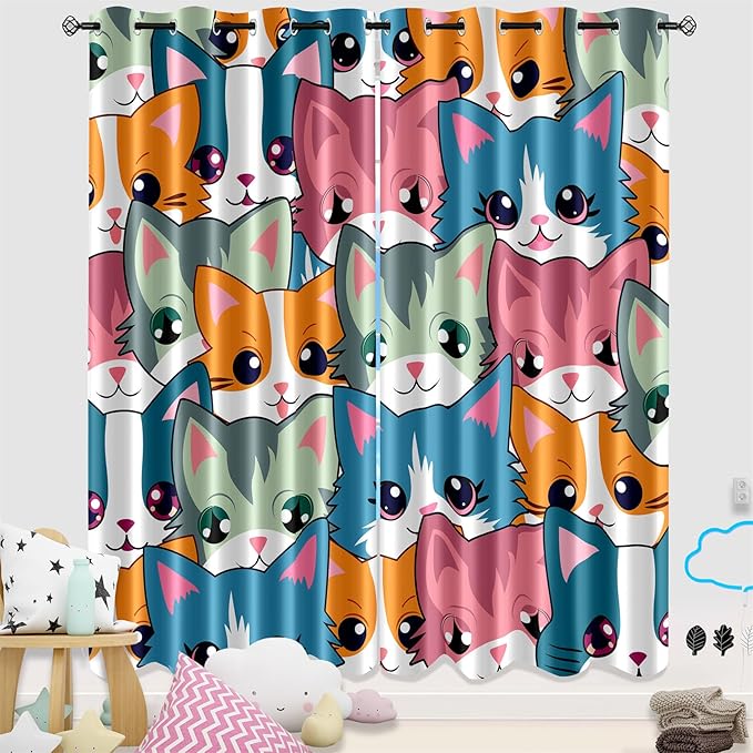 Cat Curtain Panels for Girls - 2Pcs Cat Blackout Curtains for Girls Bedroom, 84W x 84L-CubbioJoy
