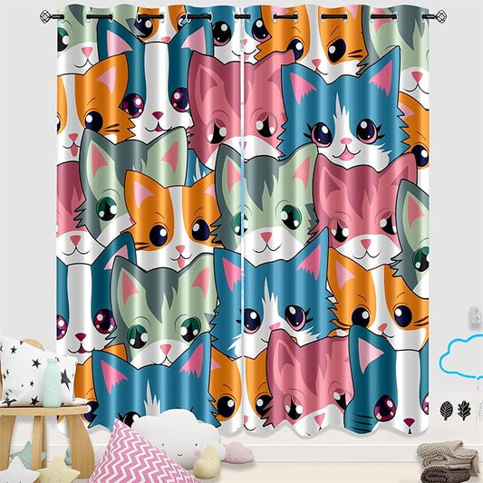 Cat Curtain Panels for Girls - 2Pcs Cat Blackout Curtains for Girls Bedroom, 84W x 84L-CubbioJoy